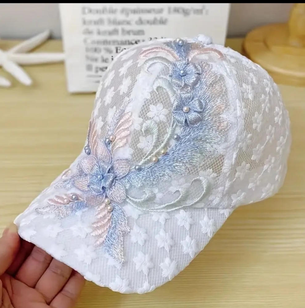 Blue and Pink Floral Pattern White Mesh Baseball Hat Pink Pearls